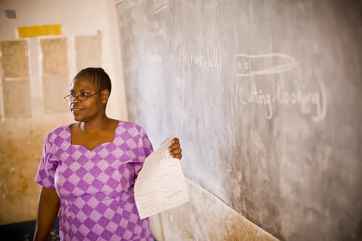 Photo of a teacher in front of a blackboard
